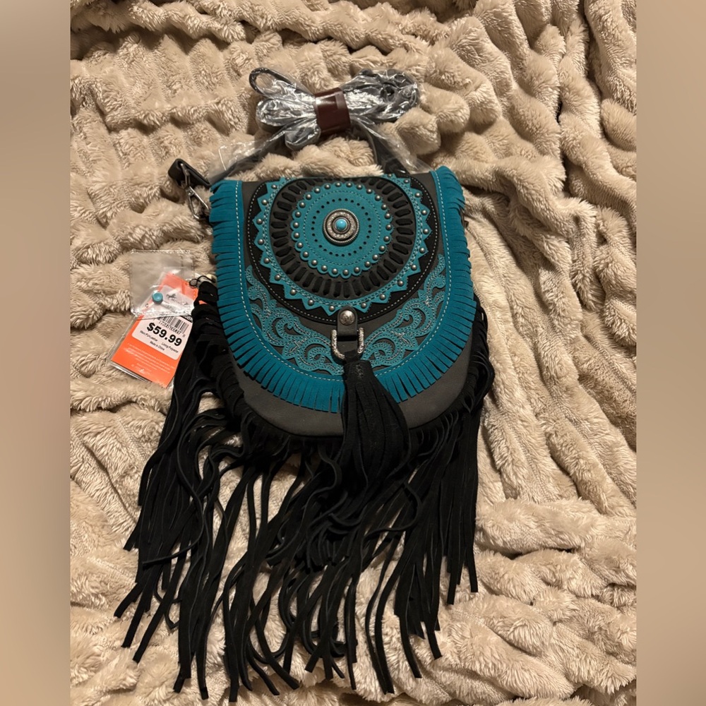 Montana West Teal and Black Fringe Crossbody Bag